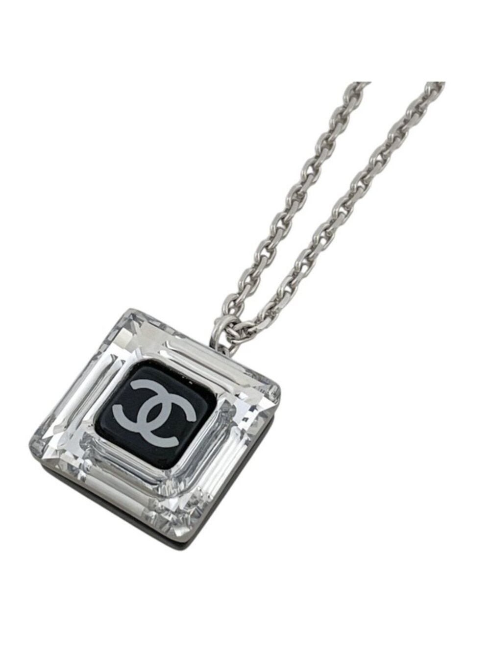Chanel Necklace CC Logo Square Silver Plated Plastic Black